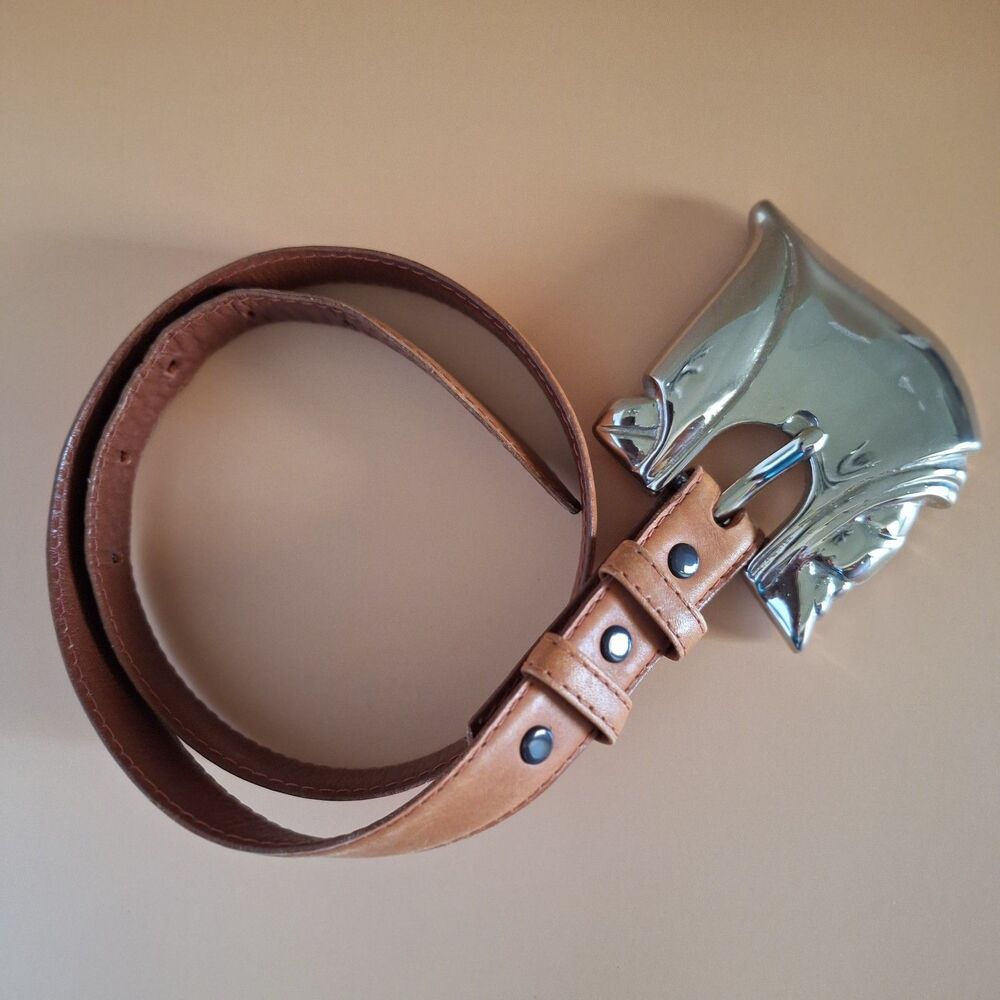 VGT ILANA GOOR Modernist Silver Plated & Leather Belt in Cognac Rare Signed Sz S